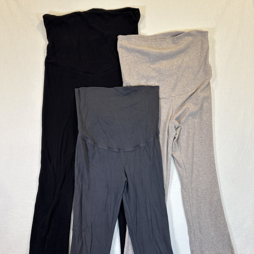 Lot of 3 H&M Women Mama Maternity Leggings Stretch Ribbed Black Gray Brown Large